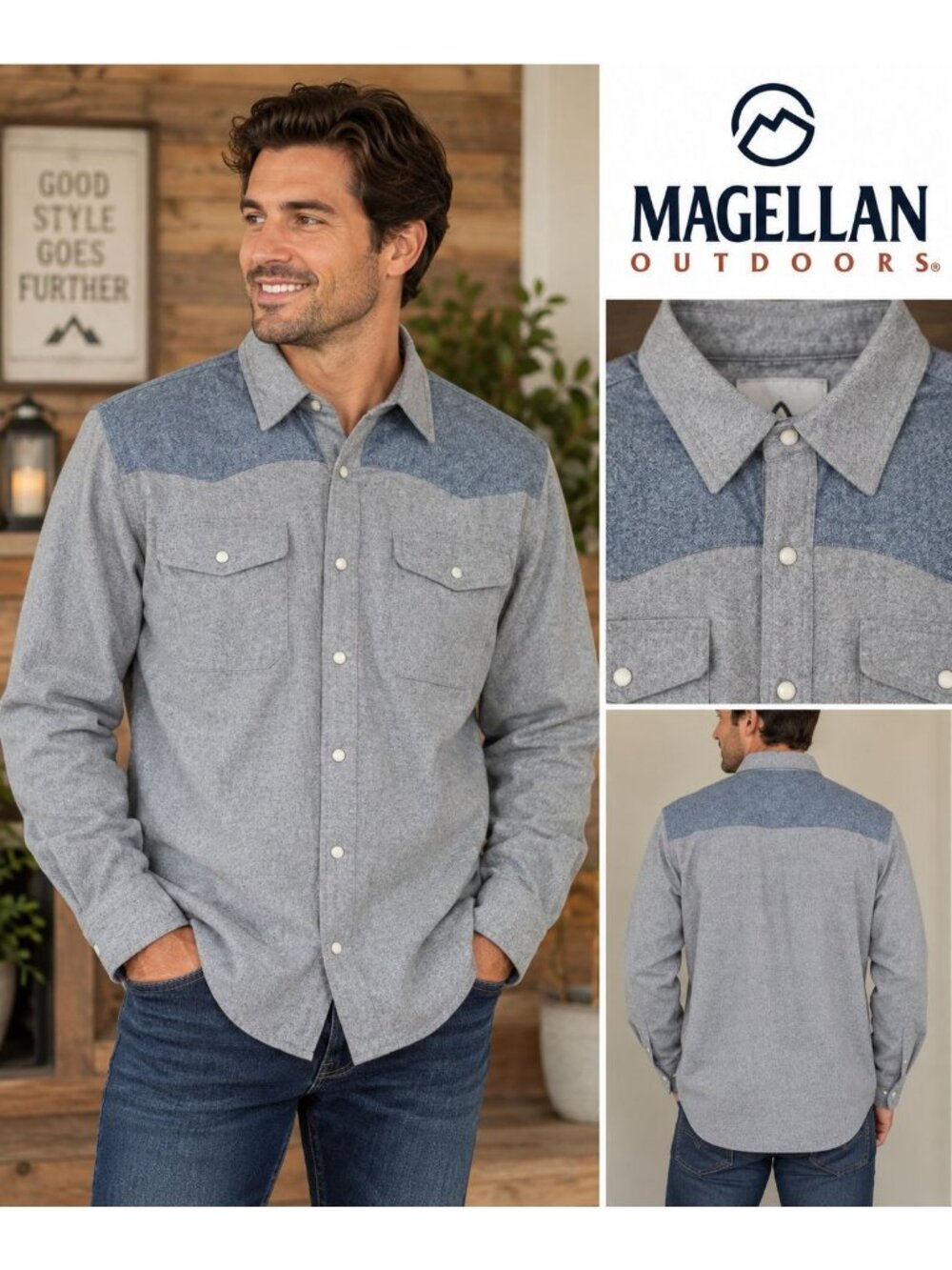 Magellan Outdoors Shirt Mens XL Gray Blue Western Pearl Snap Cotton Flannel